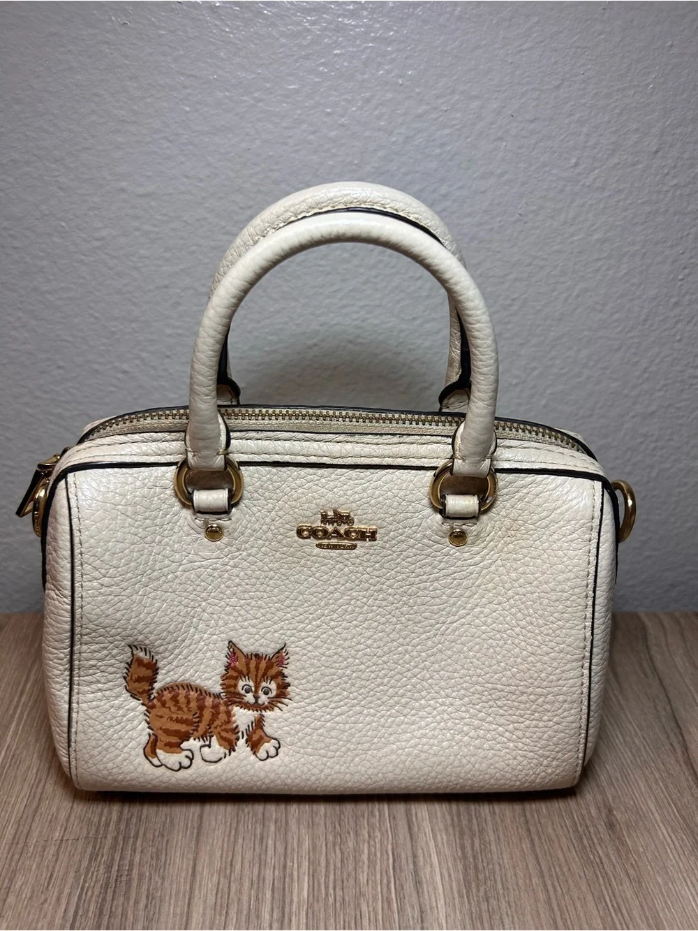 Coach Cream Pebbled Leather Satchel with Cat Patch